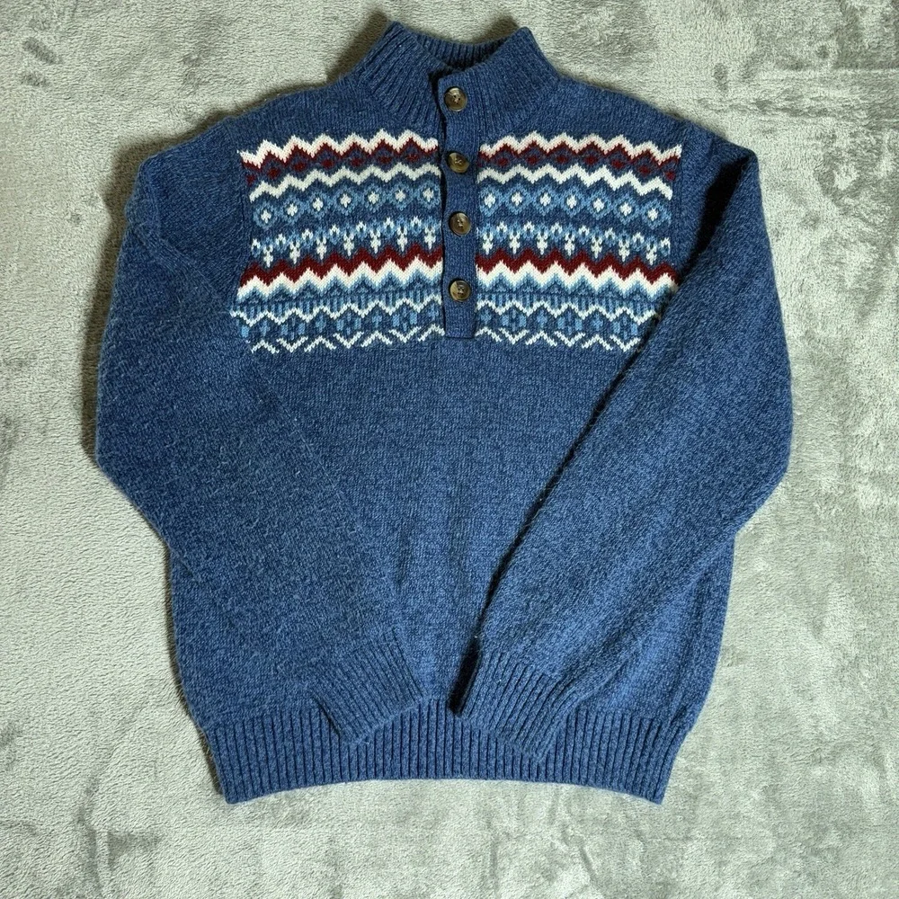 IZOD Sweater Mens Medium Blue Fair Isle Pullover Button Neck Winter Knit Cotton